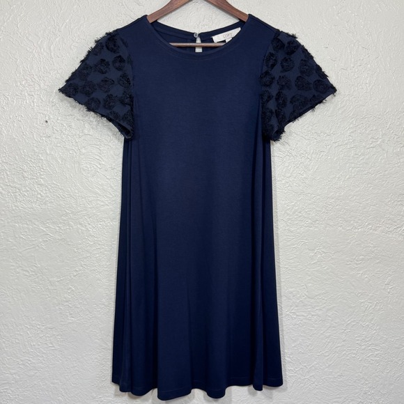 LOFT Petites Shift Dress XSP Navy Textured Fringe Keyhole Jersey Travel Artsy - Picture 1 of 11